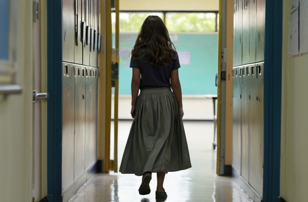 A woman is walking away from a classroom door.
